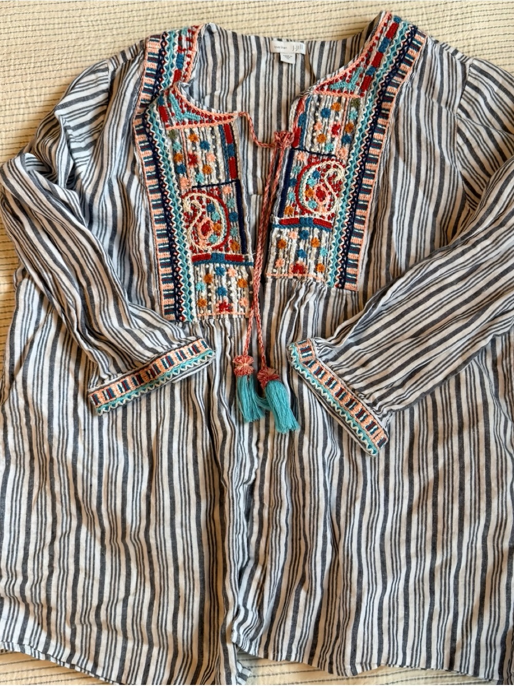 J. Jill Striped Embroidered Peasant Tunic - White, Navy, Teal, Coral